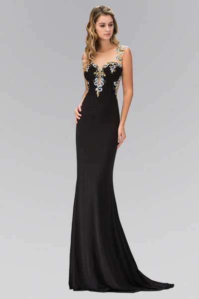 Jewel and Sequin Embellished Jersey Long Dress with Sheer Back-0