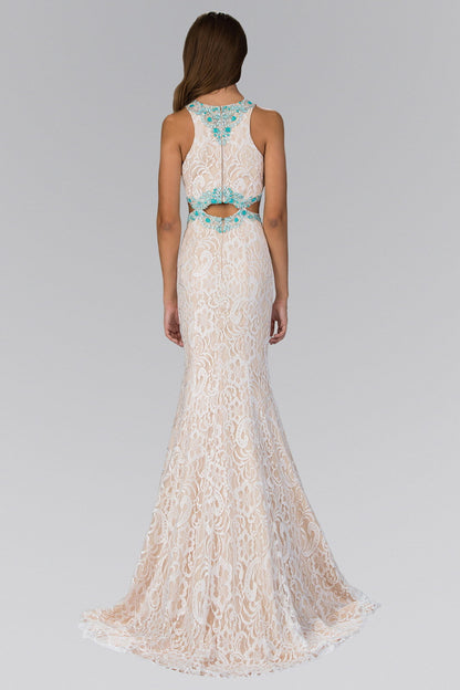 Long Ivory Lace Dress Accented with Bluish Jewel and Cut Outs-1