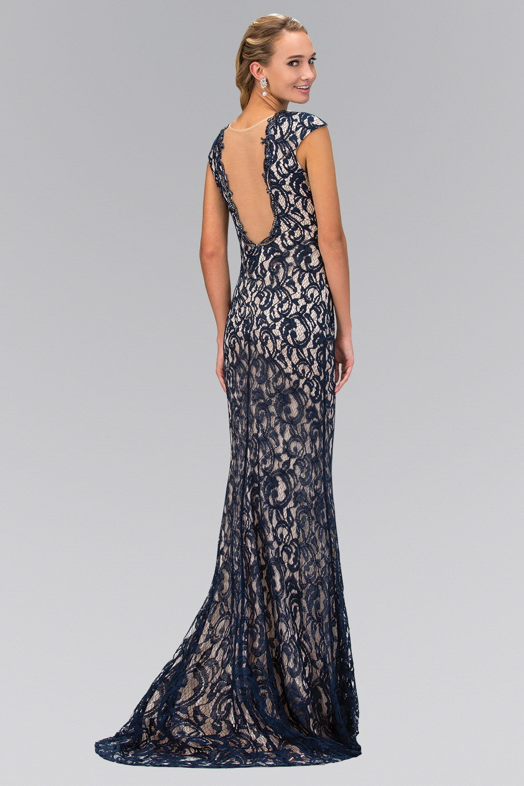 Lace Floor Length Dress with Beaded V-Neck and Sheer Back-3