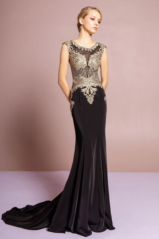 Jewel Embellished Embroidery Jersey Long Dress with Sheer Back-0