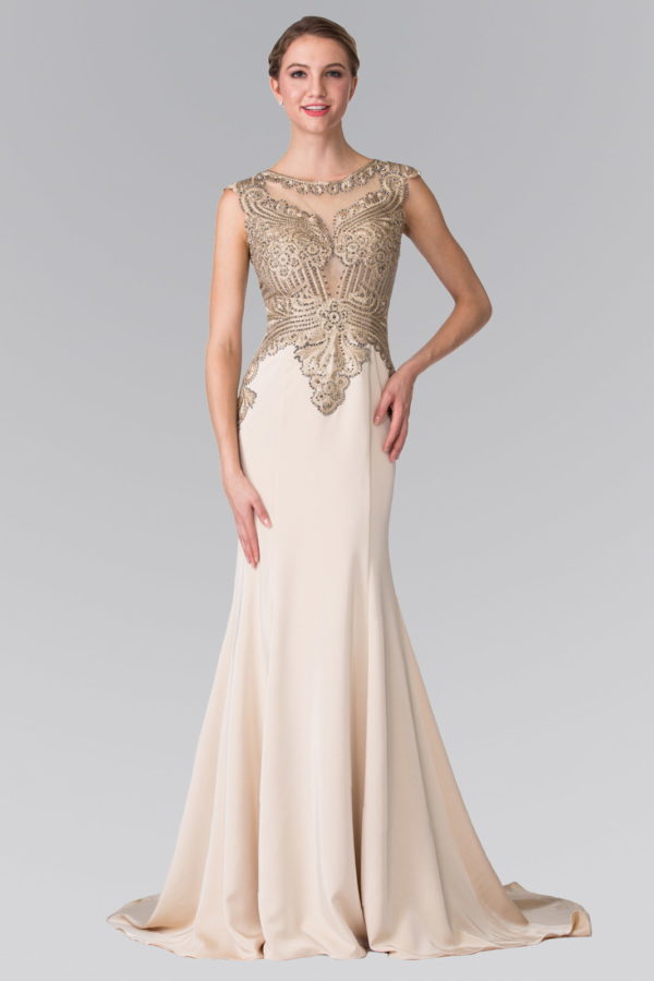 Jewel Embellished Embroidery Jersey Long Dress with Sheer Back-2