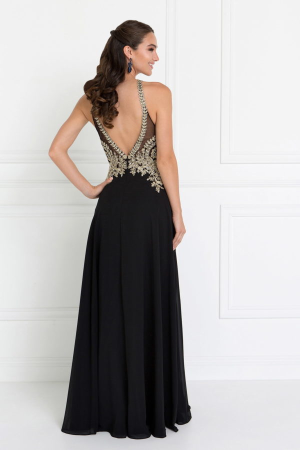 Chiffon Deep V-Back A-Line Long Dress Accented with Embroidery-4