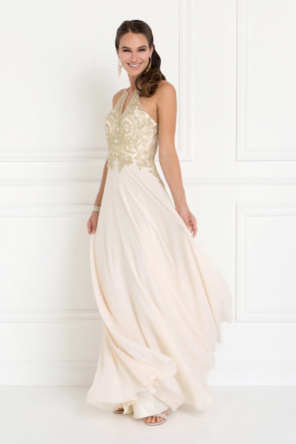 Chiffon Deep V-Back A-Line Long Dress Accented with Embroidery-2