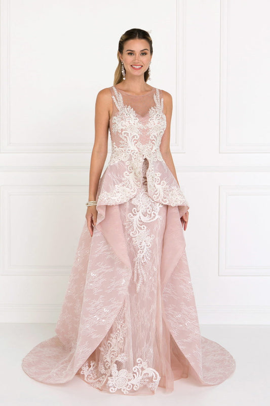 Lace Illusion Sweetheart A-Line Long Dress with Organza Overlay-0