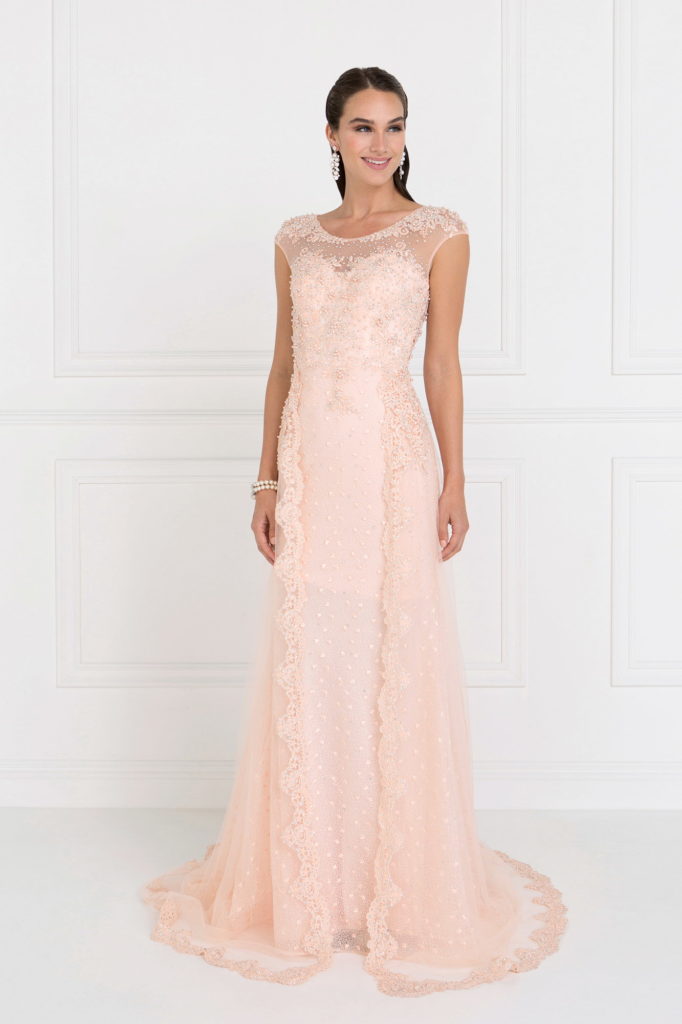 Lace A-Line Long Dress with Tulle Overlay-3