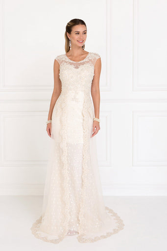 Lace A-Line Long Dress with Tulle Overlay-0