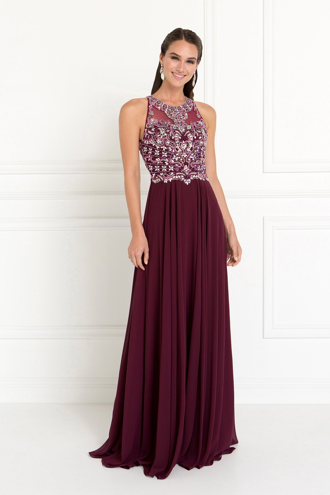 Chiffon A-Line Long Dress with Beads and Jewels Embellished-4