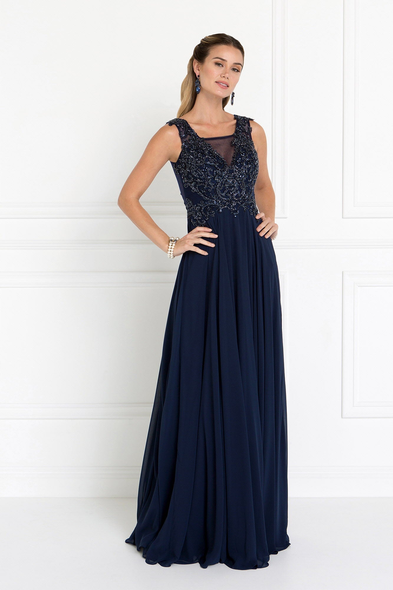 Chiffon Illusion V-Neck A-Line Long Dress with Beads Embellished-0