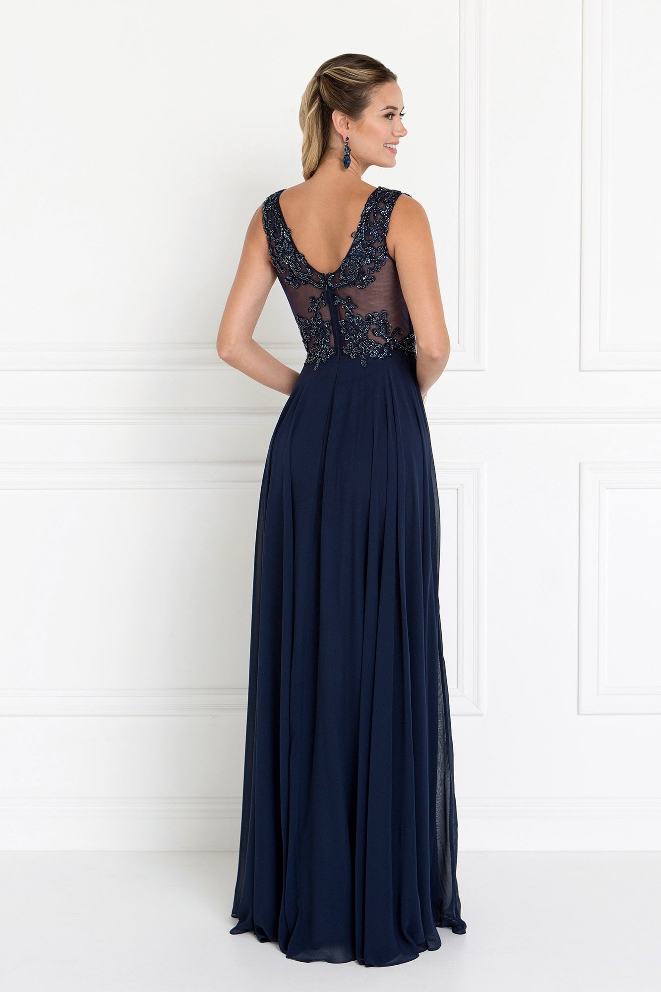 Chiffon Illusion V-Neck A-Line Long Dress with Beads Embellished-1