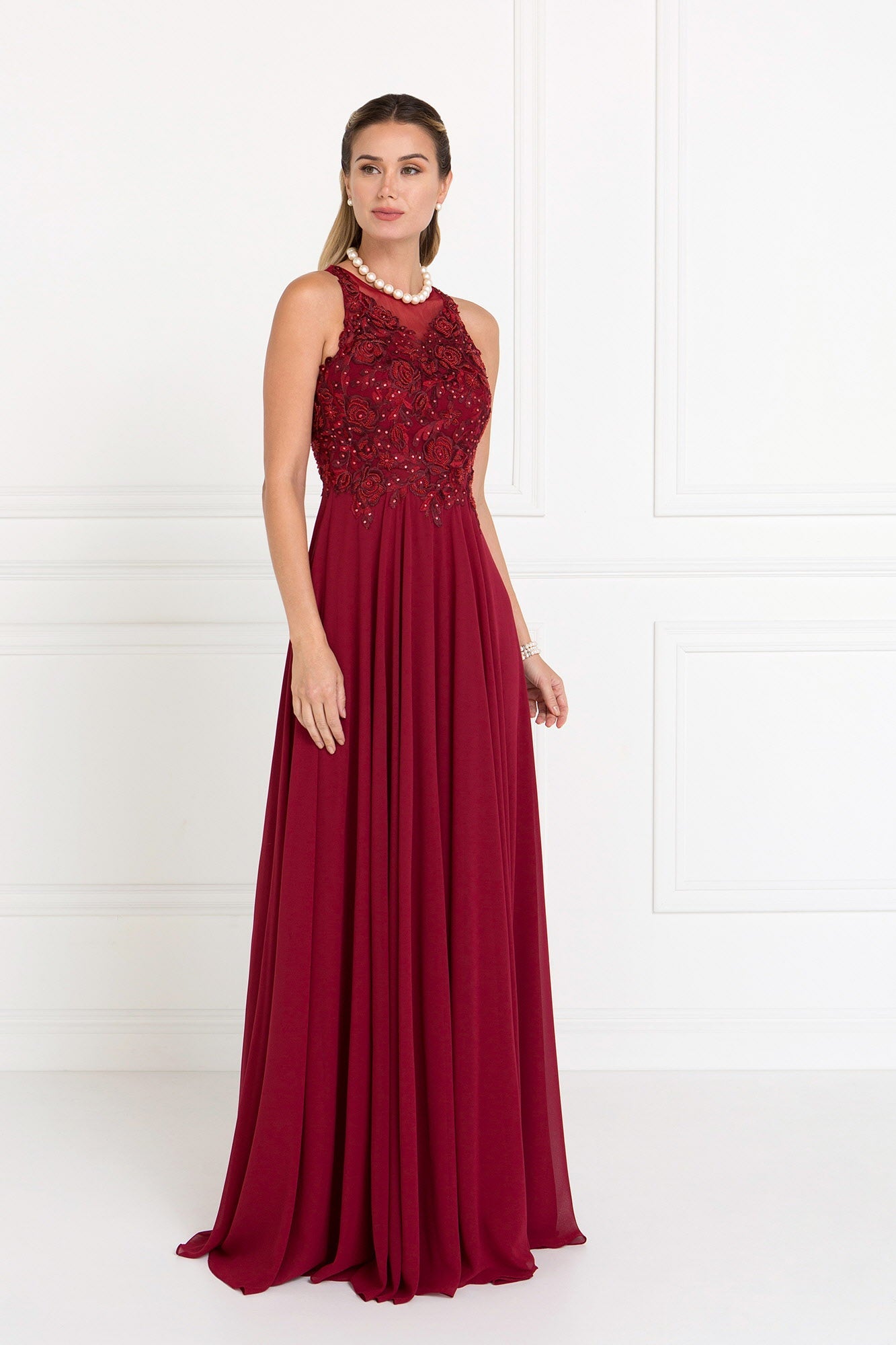 Chiffon A-Line Long Dress with Embroidery and Jewels Embellished-0