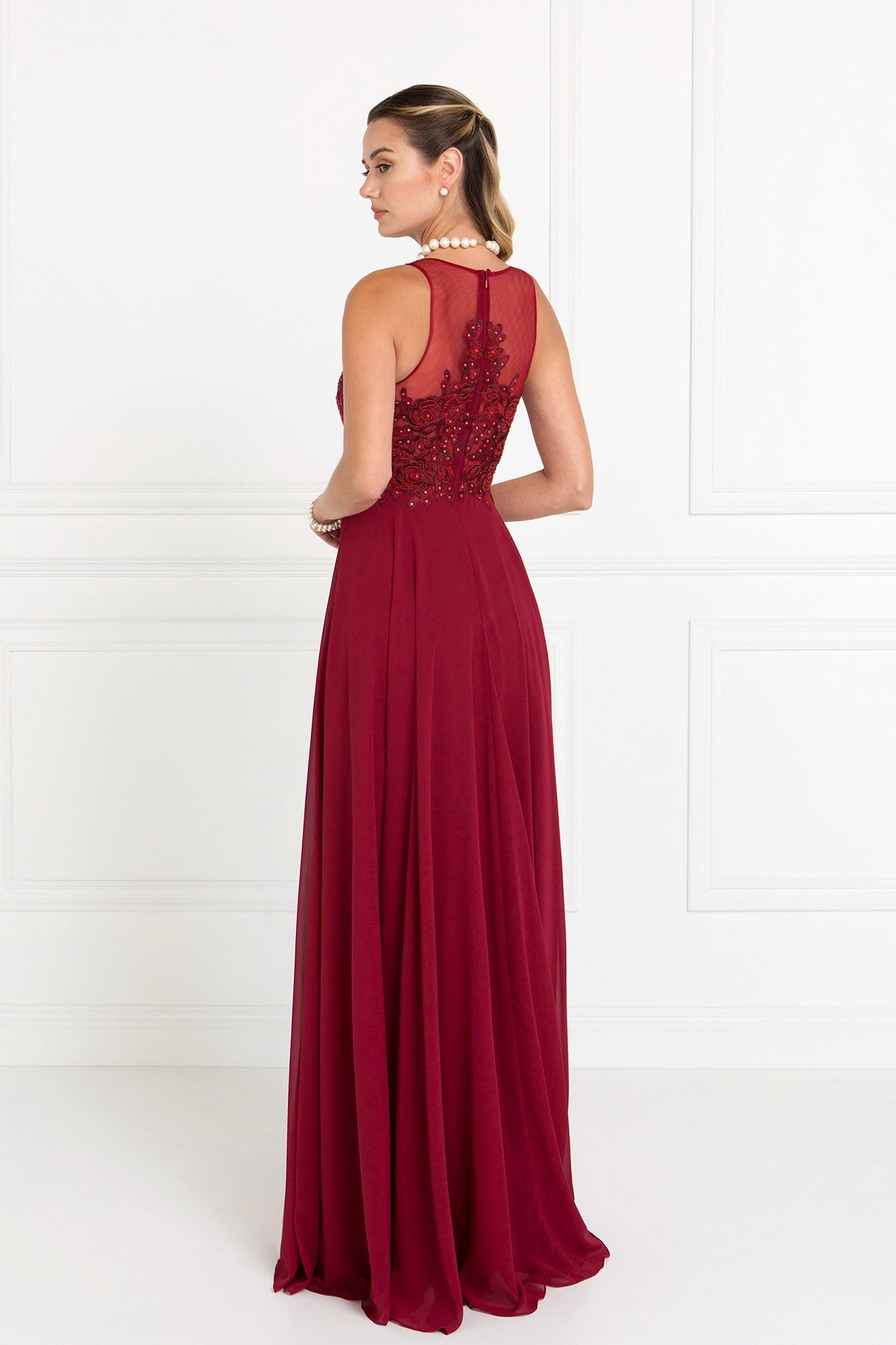 Chiffon A-Line Long Dress with Embroidery and Jewels Embellished-3