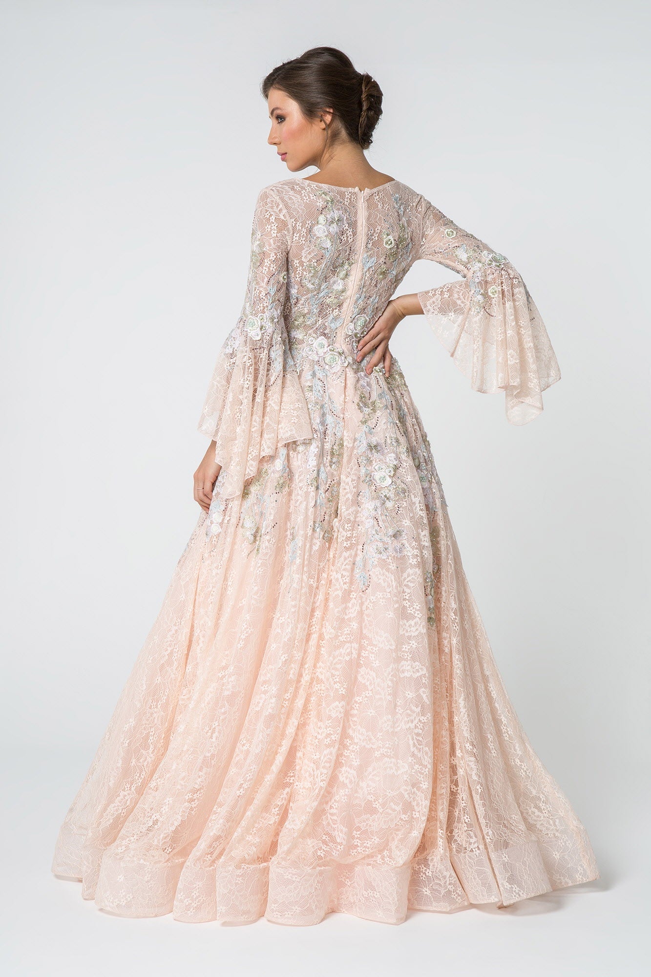 Lace V-Neck A-Line Long Dress with Embroidery and Trumpet Sleeves-4