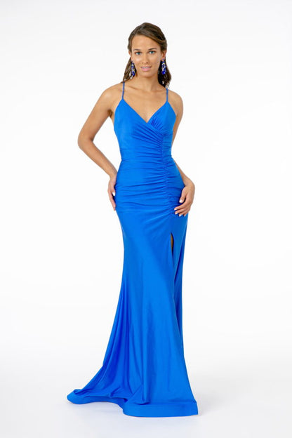 V-Neck Mermaid Ruched Jersey Long Dress w/ Slit-1