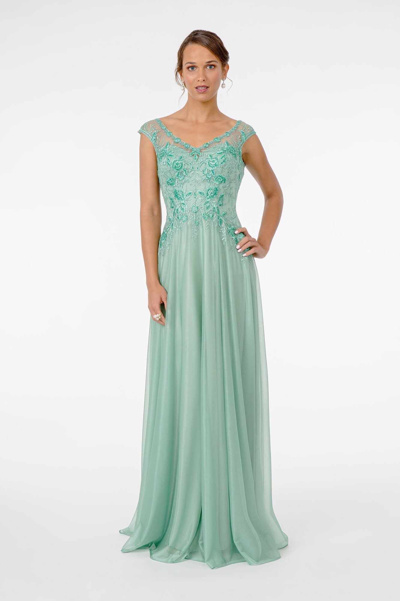 Embroidered Bodice V-Neck Long Dress w/ V-Back-0