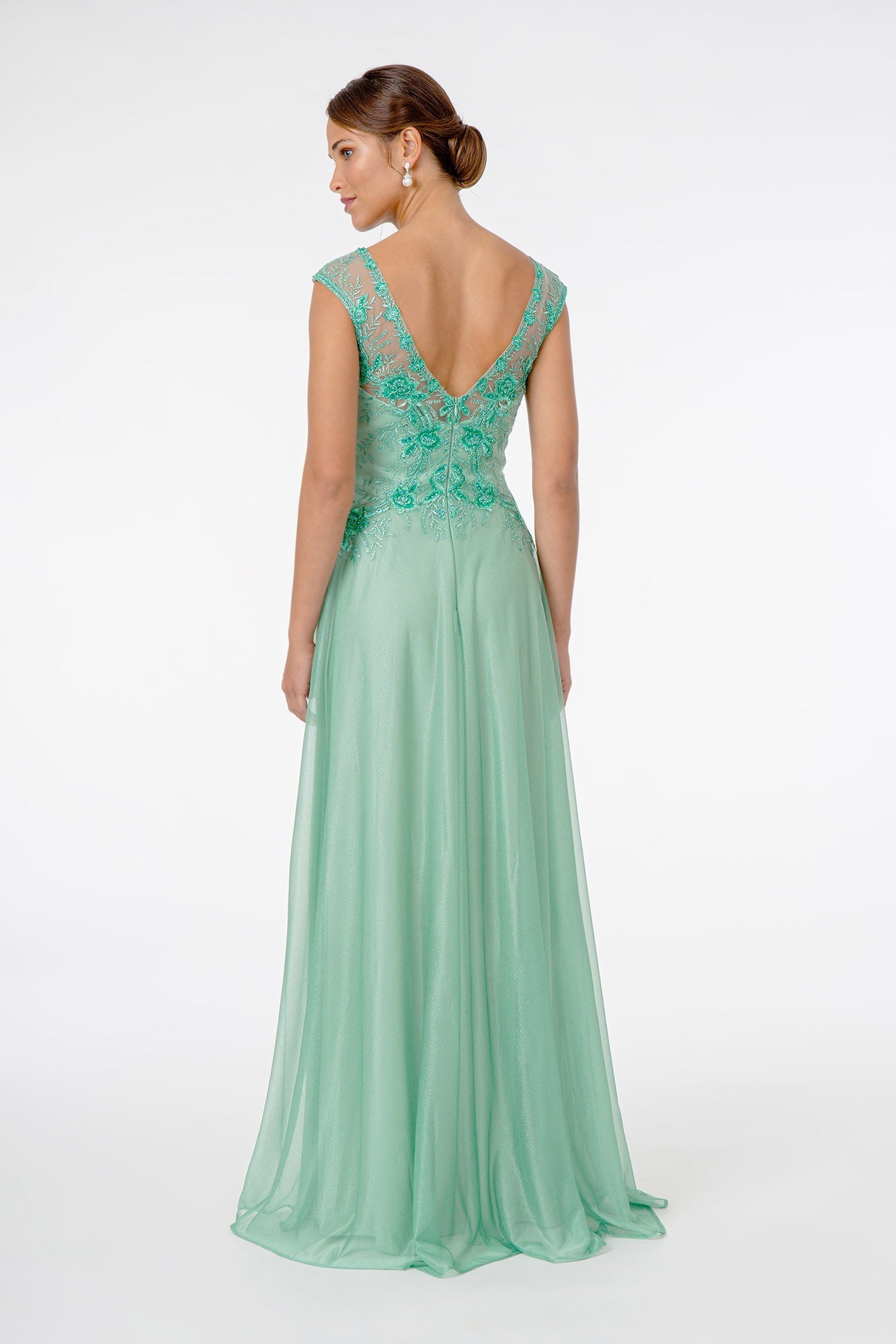 Embroidered Bodice V-Neck Long Dress w/ V-Back-1