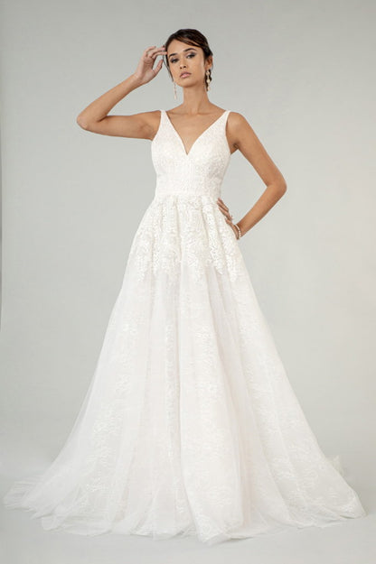 V-Neck Embroidery Mesh Wedding Gown w/ Lace Lining-2