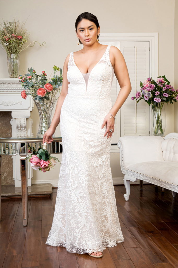 Illusion V-Neck Sheer Side and Back Mermaid Wedding Gown w/ Detachable Mesh Layer - Mask Not Included-2