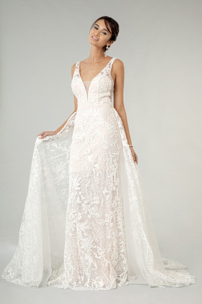 Illusion V-Neck Sheer Side and Back Mermaid Wedding Gown w/ Detachable Mesh Layer - Mask Not Included-4