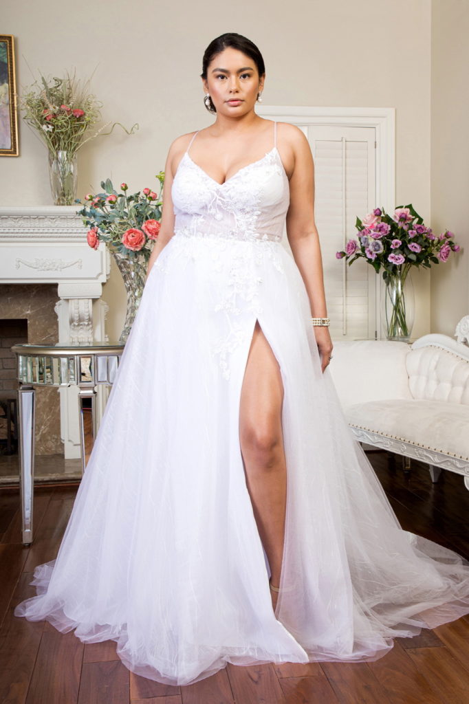 Embroidered Sheer Bodice V-Neck Wedding Gown /w Tail-1