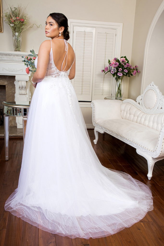 Embroidered Sheer Bodice V-Neck Wedding Gown /w Tail-2