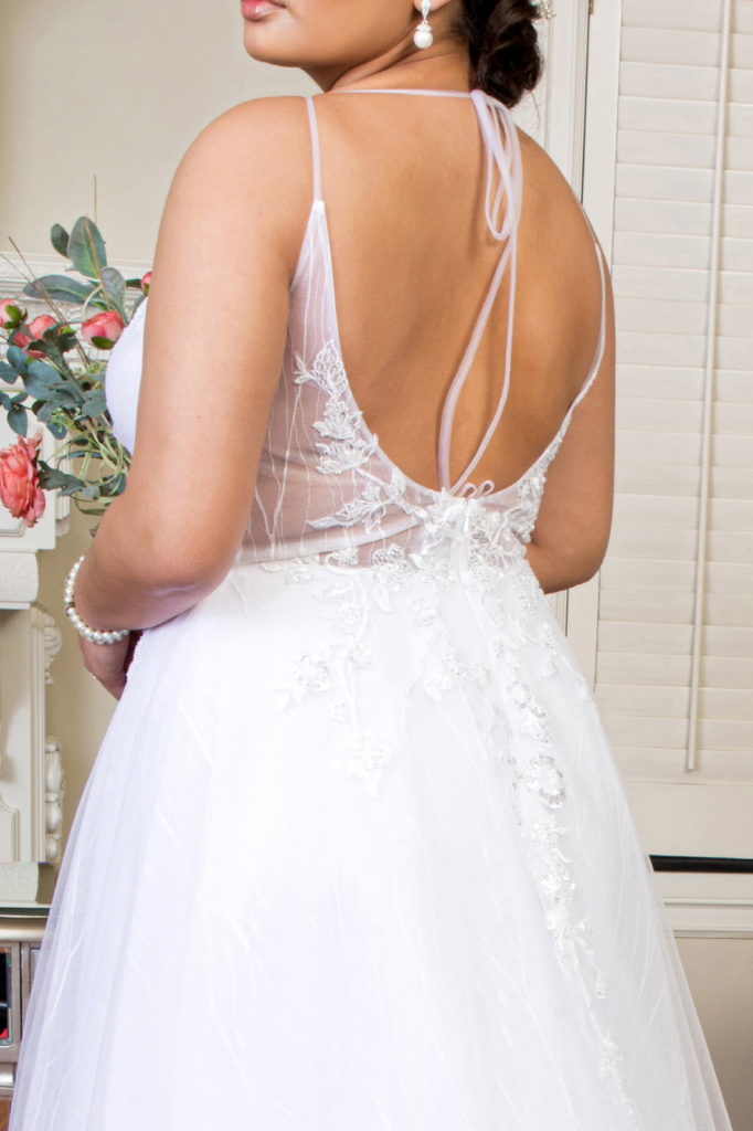 Embroidered Sheer Bodice V-Neck Wedding Gown /w Tail-4