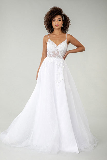 Embroidered Sheer Bodice V-Neck Wedding Gown /w Tail-0