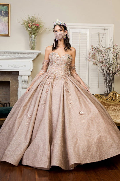 Sweethearted Ruffle Tail Quinceanera Dress w/ Detached Mesh Sleeve - Mask Not Included-1