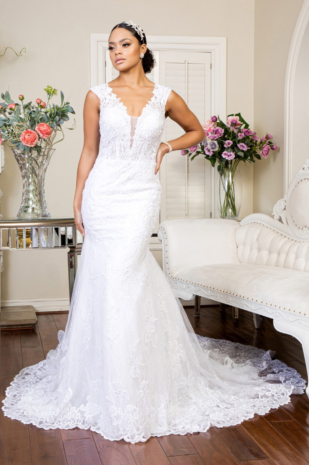 Illusion V-Neck Embroidery Mermaid Tail Wedding Gown-0