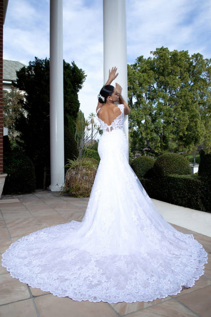 Illusion V-Neck Embroidery Mermaid Tail Wedding Gown-4