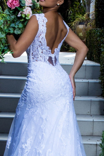 Illusion V-Neck Embroidery Mermaid Tail Wedding Gown-3