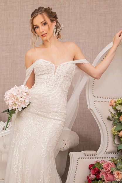 Embroidered V-Neck Mermaid Wedding Gown w/ Detachable Cape - Mask Not Included-3