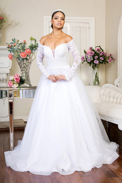 Cut-Away Shoulder Sheer Sleeve Embroidered Sweetheart Mesh Wedding Gown-3