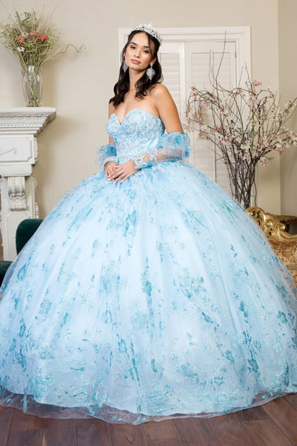 Embroidered Glitter Mesh Quinceanera Dress w/ Detached Long Sleeve-1