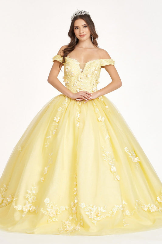 Embroidery Embellished Glitter-Mesh Cut-Away Shoulder Quinceanera Dress-0