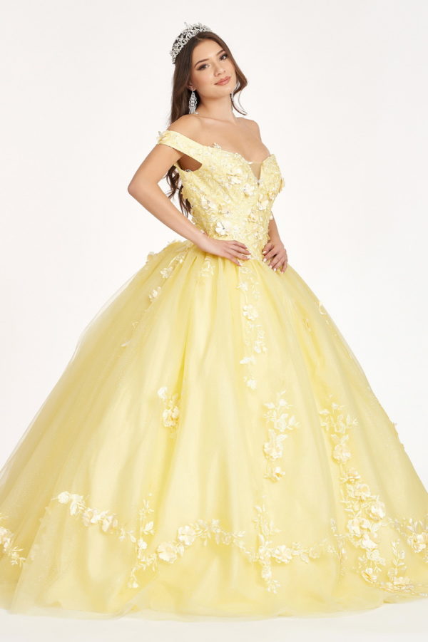 Embroidery Embellished Glitter-Mesh Cut-Away Shoulder Quinceanera Dress-1