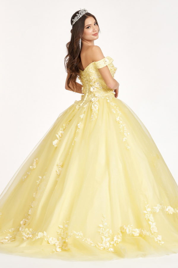 Embroidery Embellished Glitter-Mesh Cut-Away Shoulder Quinceanera Dress-2