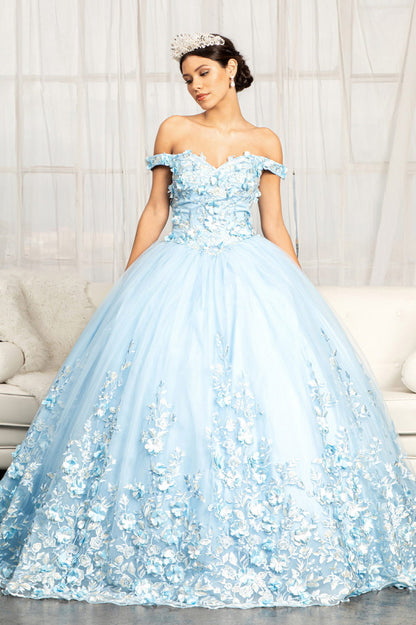 Cut-Away Shoulder 3D Floral Applique Embellished Quinceanera Dress-0