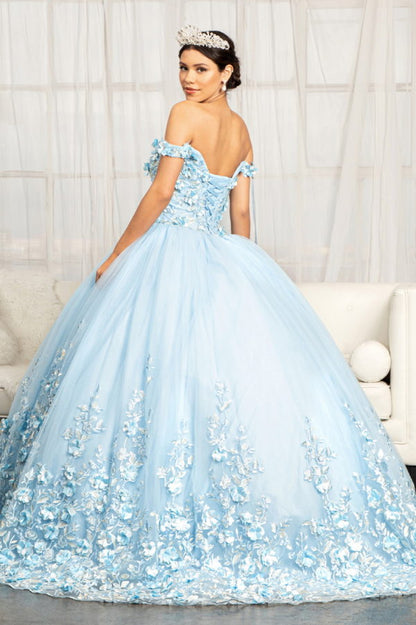 Cut-Away Shoulder 3D Floral Applique Embellished Quinceanera Dress-1