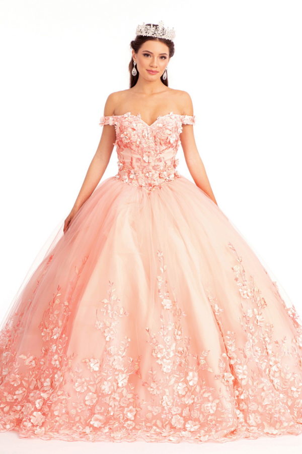 Cut-Away Shoulder 3D Floral Applique Embellished Quinceanera Dress-4