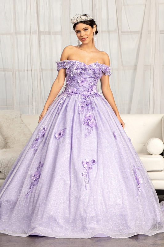 3D Floral Applique and Jewel Embellished Glitter Mesh Quinceanera Dress-0