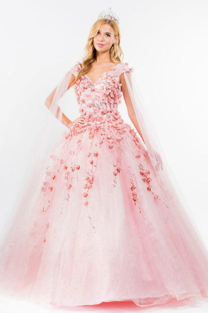 3D Floral Applique Glitter Mesh Quinceanera Dress w/ Detachable Cape Sleeve-1