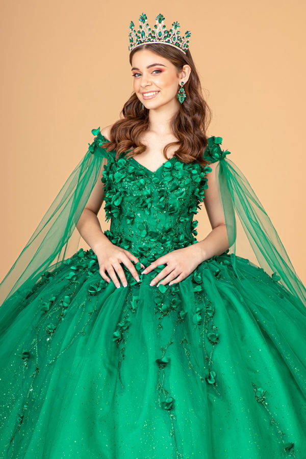 3D Floral Applique Glitter Mesh Quinceanera Dress w/ Detachable Cape Sleeve-2