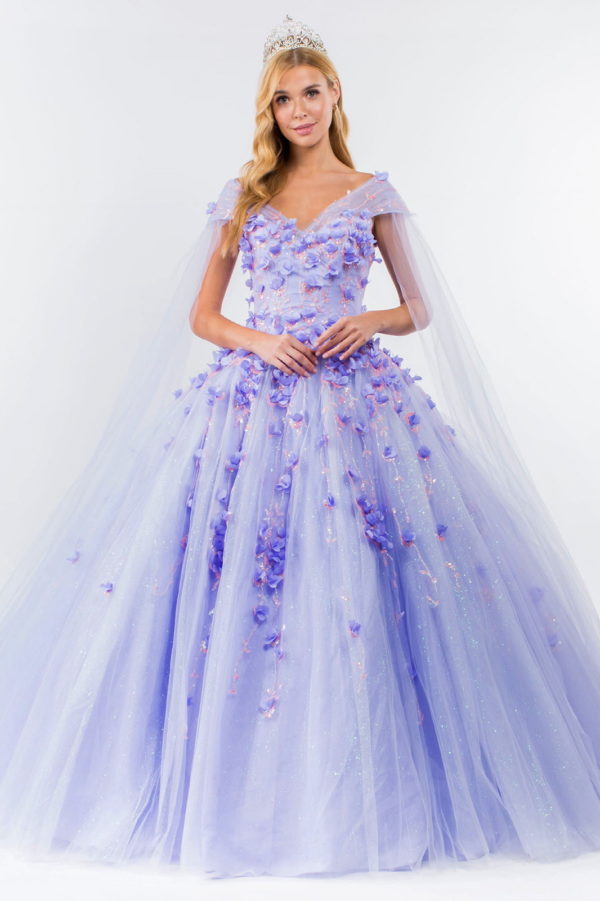 3D Floral Applique Glitter Mesh Quinceanera Dress w/ Detachable Cape Sleeve-5