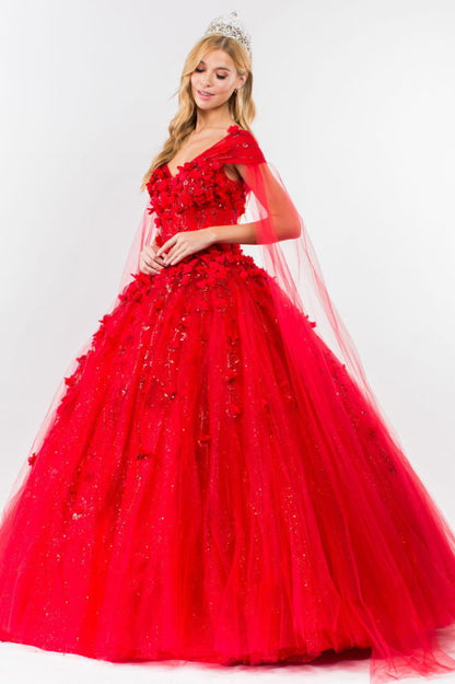 3D Floral Applique Glitter Mesh Quinceanera Dress w/ Detachable Cape Sleeve-4