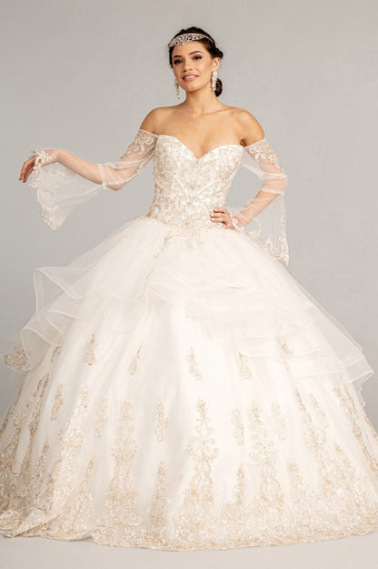 Sweetheart Cut-Away Shoulder Quinceanera Dress w/ Mesh Long Sleeves-1