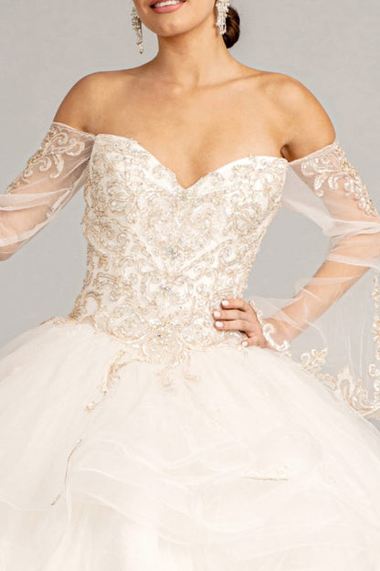 Sweetheart Cut-Away Shoulder Quinceanera Dress w/ Mesh Long Sleeves-3