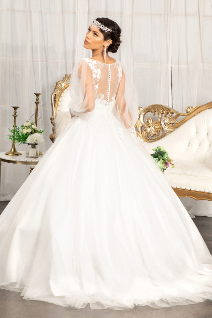 Beads Embellished Long Sleeves Wedding Gown w/ Sheer Back Button Closure-1