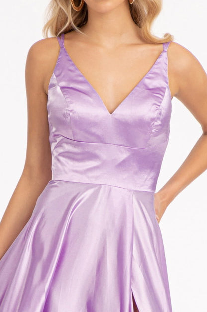 V-Neck Spaghetti Strap A-Line Satin Long Dress-5