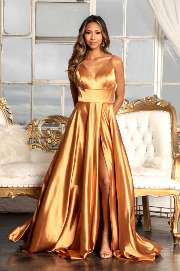 V-Neck Spaghetti Strap A-Line Satin Long Dress-2