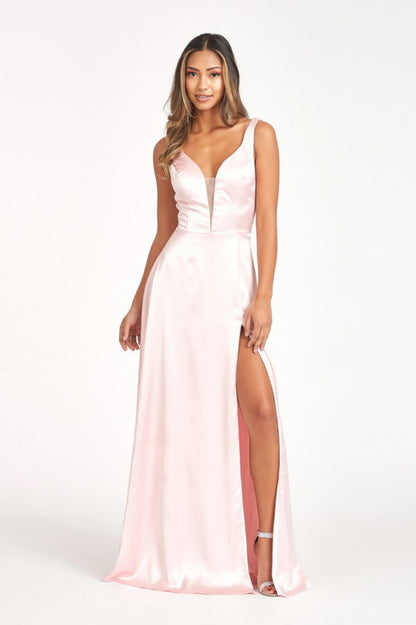 Satin V-Neck Sheer Side A-Line Long Dress-5